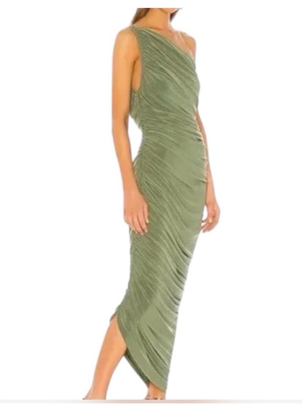 Norma Kamali -Diana -One Shoulder Celadon Green Ruched Maxi Dress